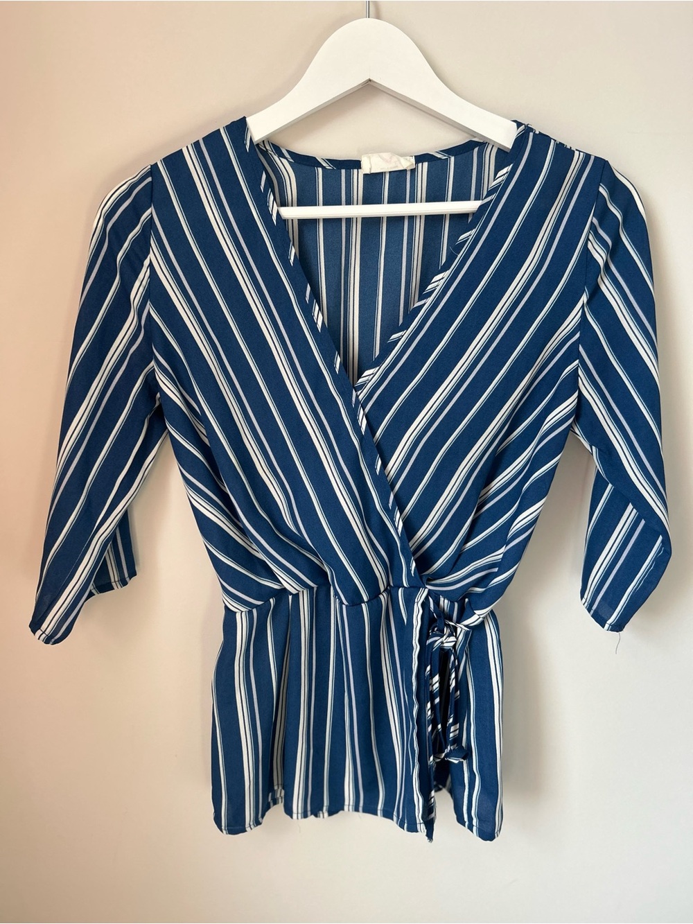 Sienna Sky Navy and White Striped Wrap Top with Side Tie